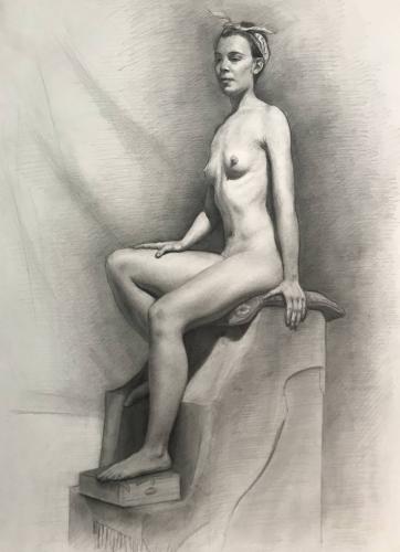 Sitting nude dancer, with bandana - Drawing Graphite on paper by Christopher LoPresti - AmorArt