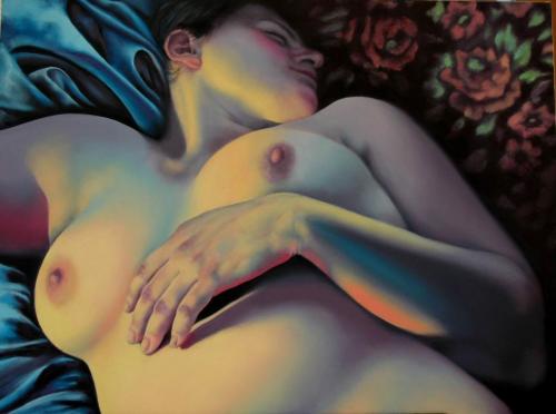 Sleeping on Flowery Cloth. 2007 - Painting by © Smadar Katz - AmorArt