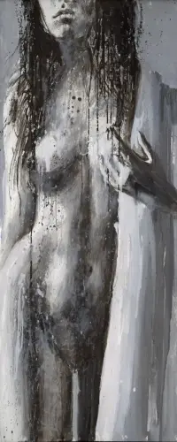 Slightly nude brunette and part of the bathrobe (2018) - Artwork by Alexandr Klemens - AmorArt