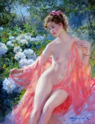Summertime in the garden, A nude woman within a garden setting - Painting oil on canvas by © Konstantin Razumov - AmorArt