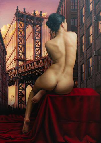 Sunset in DUMBO Brooklyn New York - 2022 - Hyperrealist Painting by © Omar Ortiz - AmorArt