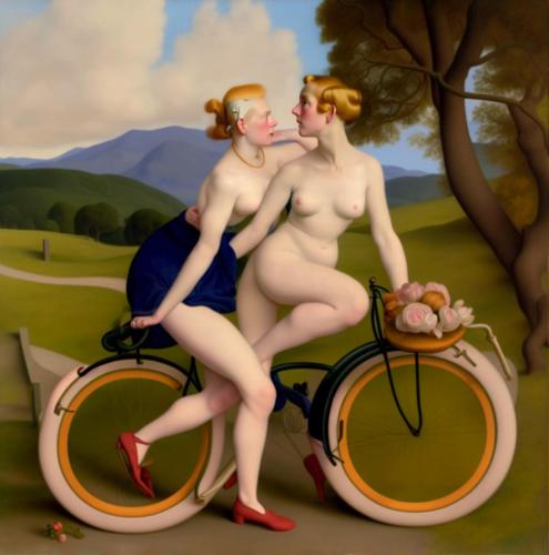 TWO WOMEN ON A BICYCLE, 2022 - Painting by © Wolf von Lenkiewicz - AmorArt