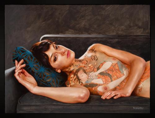 Tattoo Series - Reclining with Teraoka - Painting oil on dibond by © Aaron Nagel - AmorArt