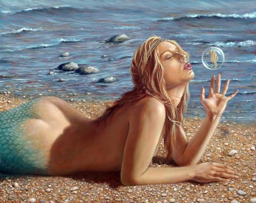 The Mermaids Friend - Painting Oil on panel by © John Silver - AmorArt