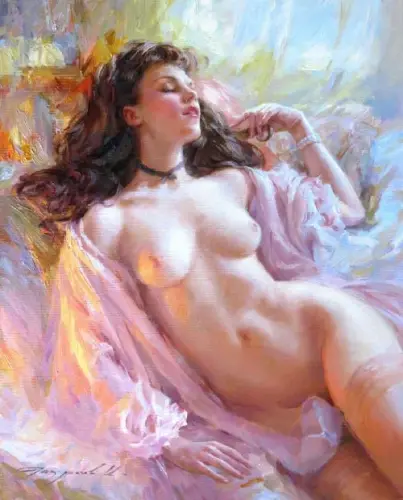 The gentle sleep, Nude of a young woman reclining - Painting oil on canvas by © Konstantin Razumov - AmorArt