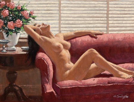 The red couch - Painting oil on canvas by © Arthur Saron Sarnoff - AmorArt