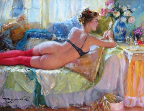 The red stockings, Young woman wearing red stockings and black bra within a bedroom setting - Painting oil on canvas by © Konstantin Razumov - AmorArt