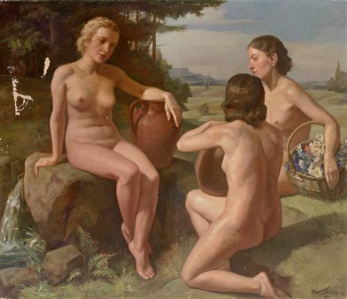 Tre nudi femminili in un paesaggio estivo - Painting oil on canvas by © Ivo Salinger - AmorArt