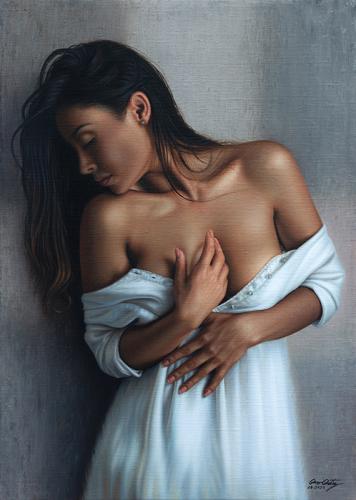 Vestido blanco - Hyperrealist Painting by © Omar Ortiz - AmorArt