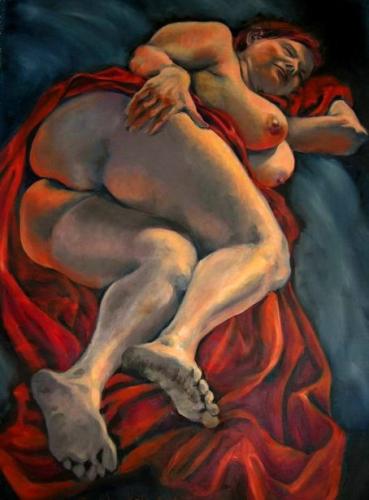 Woman Sleeps On Red Drapery - Painting by © Smadar Katz - AmorArt