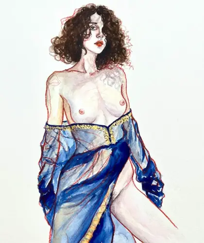 blue organza - Watercolor, colored pencil on paper by © Xenia Snagowski - AmorArt